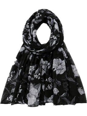 Women's Flower Black Cover Hijab Cotton Voile Wrap for Spring Fall Scarf Shawl